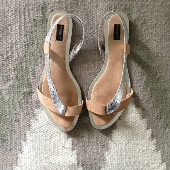 ZARA flat metallic silver and nude sandals
