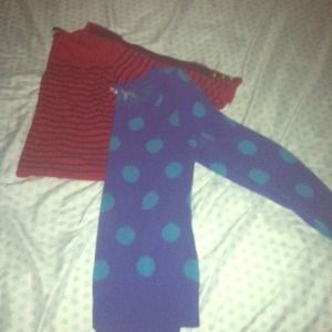 Red striped shirt and blue poke dot  sweater