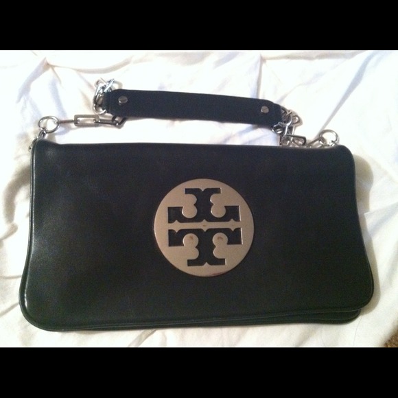 Tory Burch Black leather clutch.