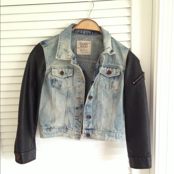 Zara denim jacket with leather sleeves
