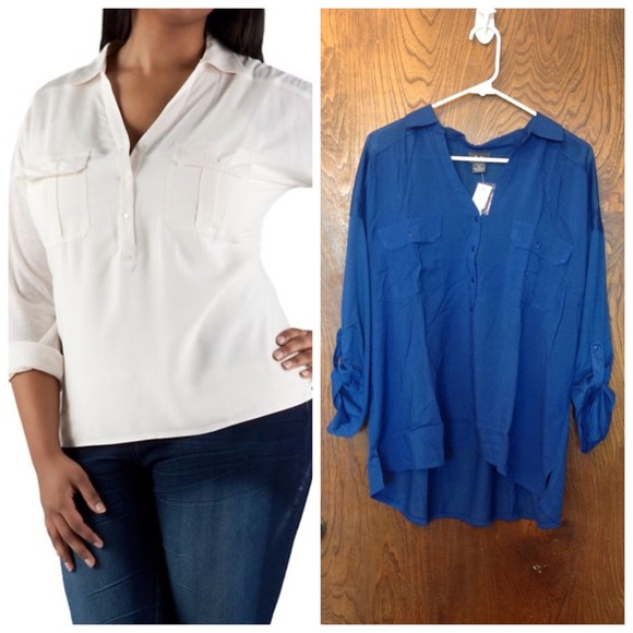 ❌HOLD❌💙High-Low Roll sleeve 2pocket top💙