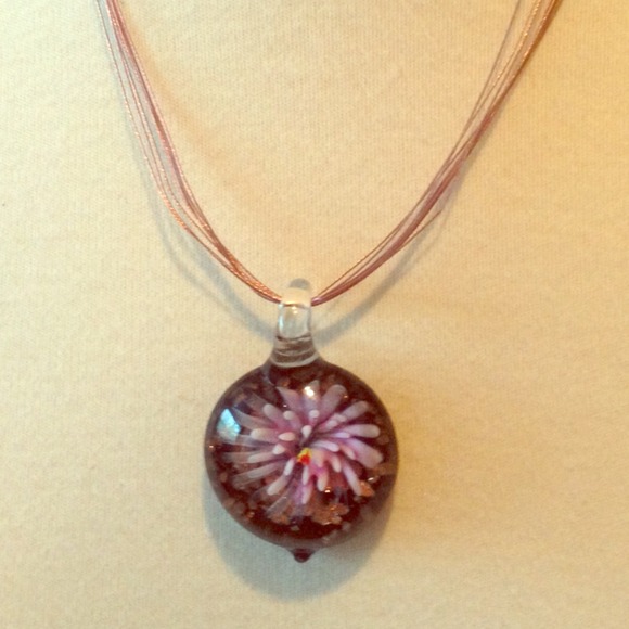 Purple flower glass necklace pink floral pendant