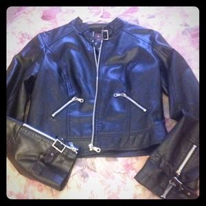 Great black faux leather jacket and guess heels