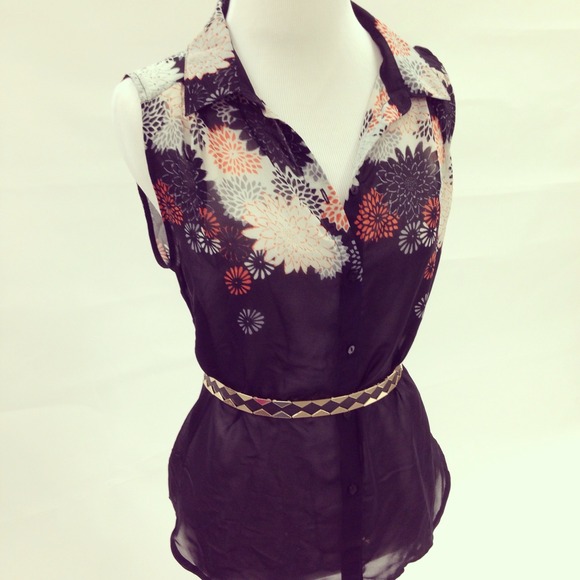 Tops - Floral Print Sleeveless Blouse & Tangerine Top