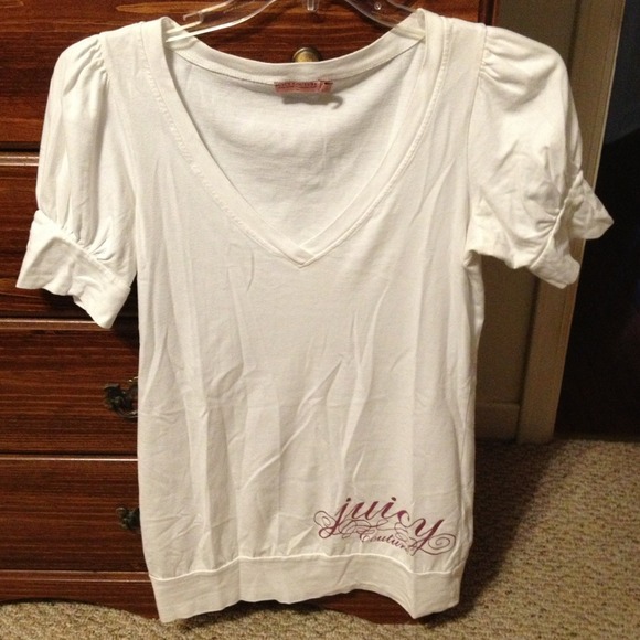 JUICY COUTURE WHITE PUFF SLEEVE TOP VNECK M
