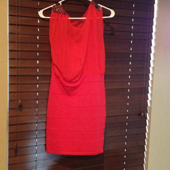 Papaya Coral sheer/fitted cocktail dress