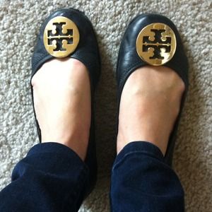 Tory Burch Reva black leather and gold ballet flat