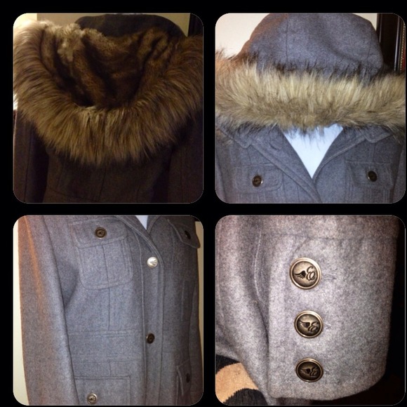 SOLD!!!! ESPRIT Long Gray Wool Coat Faux Fur Hood - Picture 4 of 4