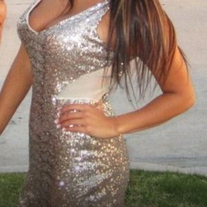 BEBE Gold Mini Dress with mesh side slits