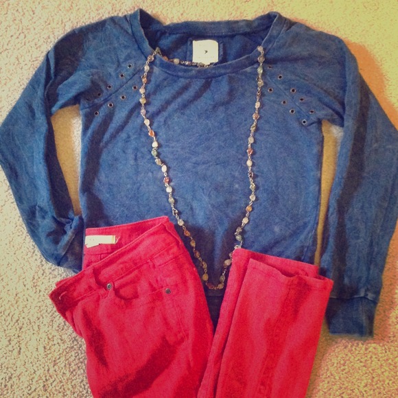 Blue cotton pullover sweater w/brass circle studs