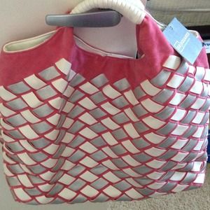SR Squared pink/white/silver woven tote