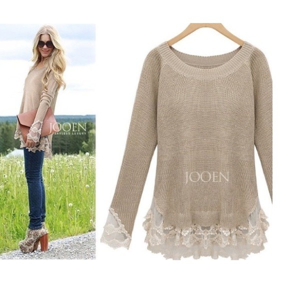Cute ruffle lace hem Beige knit sweater