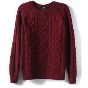 Classic Aran Knitting Crew Neck Sweater Burgundy