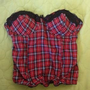 red plaid and black lace bustier