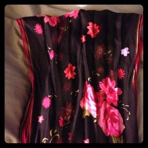 Black scarf with colorful flowers. Not too busy.