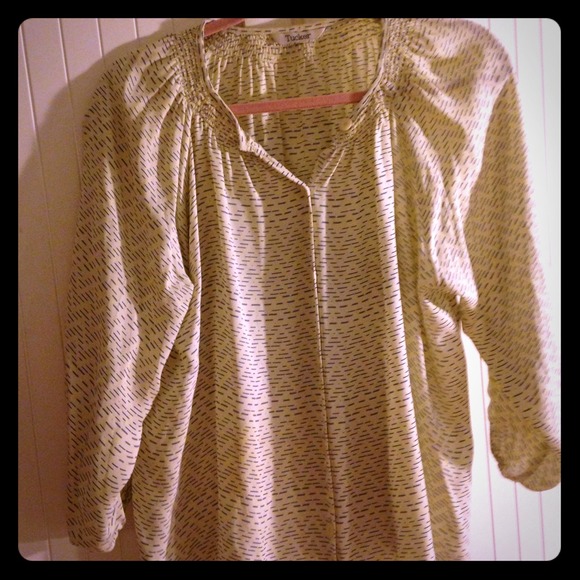Tucker cream and blue print blouse