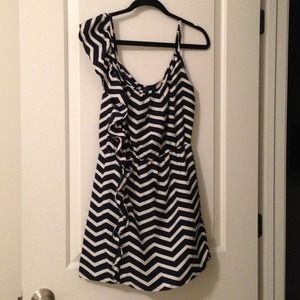 Chevron navy and white ruffle dress