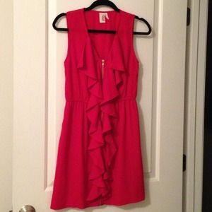 Red ruffle zipper front dress