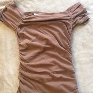 Brown, short sleeved, stretchy, ruched top size M