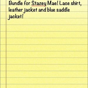 Bundled lace shirt, leather jacket and blue jacket