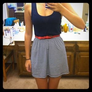 Fun Navy and White Sundress with Red Belt