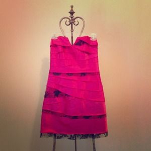 Strapless silky pink cocktail dress w lace trim