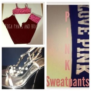 Black VS sweatpants,silver heels,yoga pants & bra
