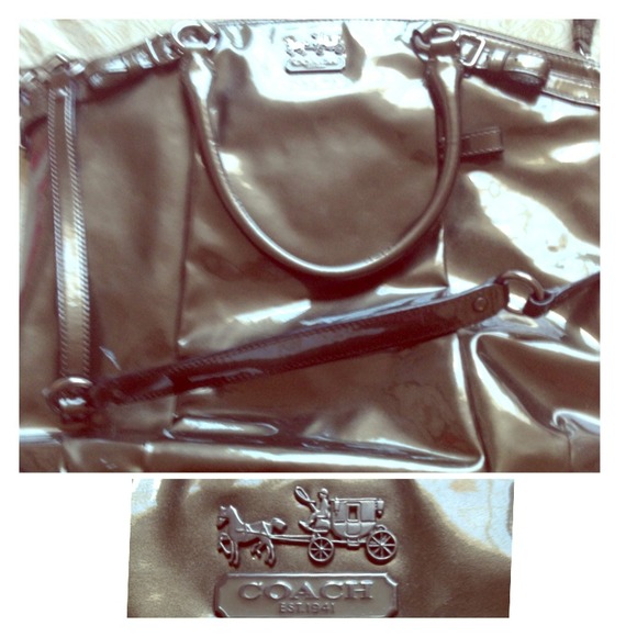 Patent gray Coach oversized messenger