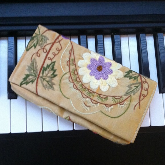 Embroidered and beaded silk clutch