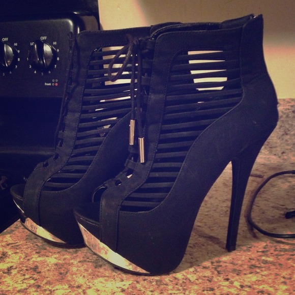 Black mirrored platform pumps.  Perfect fall heel.