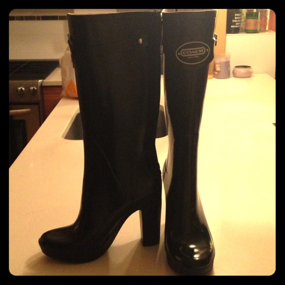 COACH rain boots, black patent size 11