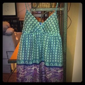 Patterned blue purple and green summer dress.