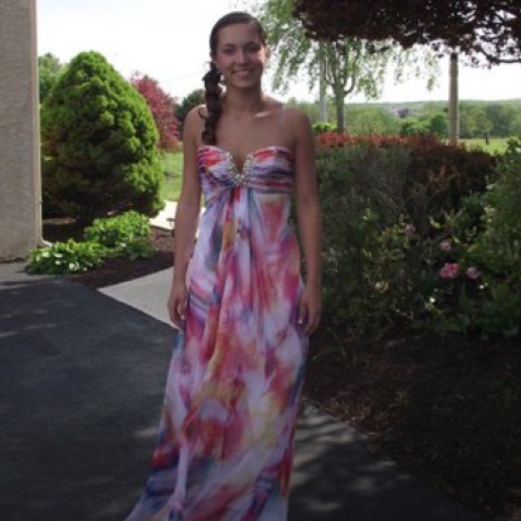 multicolored la femme prom dress