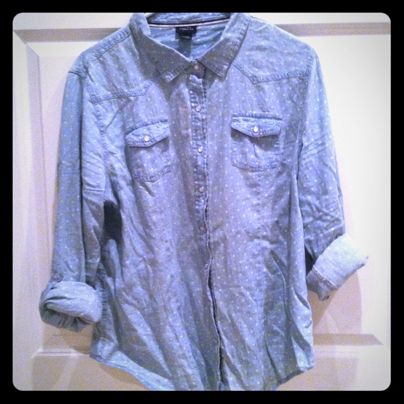 Sky Blue Snap Button Up With White Polka Dots - Picture 1 of 3