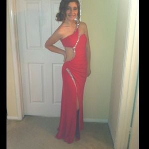 Red sequenced prom dress