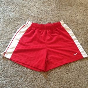 Red with white running shorts