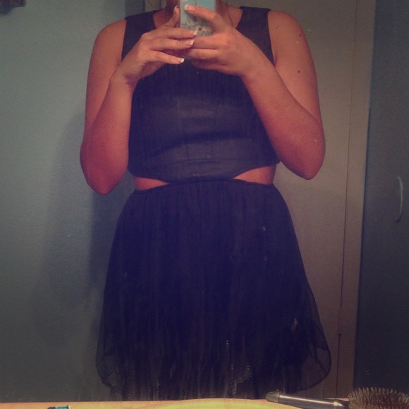 Unif leather and tulle cutout dress