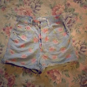 Floral & Plaid Print High Waisted Denim Shorts