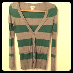 Gray and green striped button up sweater/cardigan