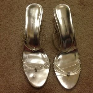 Silver strappy evening shoe.