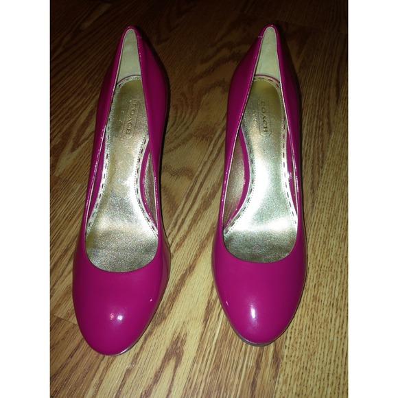 Hot pink patent leather coach heels. REDUCED
