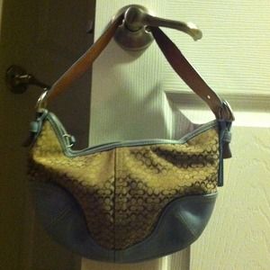 Tan and Blue small C's Coach hobo