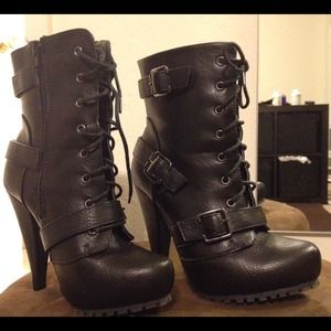 Lace up, buckle heel booties