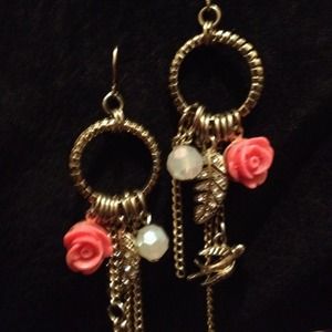 CORAL, GOLD, AND PEARLED DANGLE EARRINGS