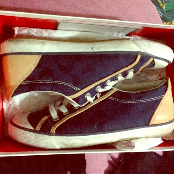 Blue and beige coach shoes