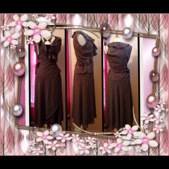 Used twice brown/ivory faux wrap top & wrap skirt