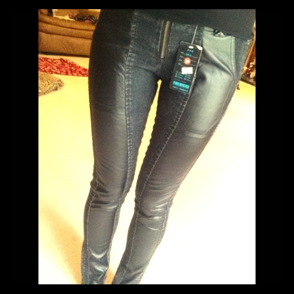 Denim & faux leather pants