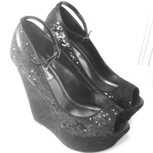 Black sequin peep toe wedges