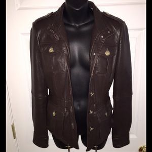 ✅ SALE! Brown Motto Leather Jacket Button Up Gold