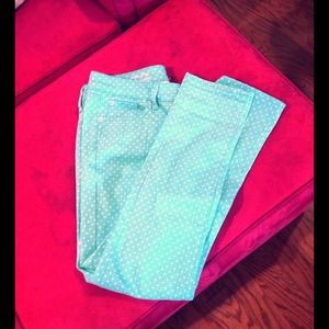 Mint green polka dot skinny jeans